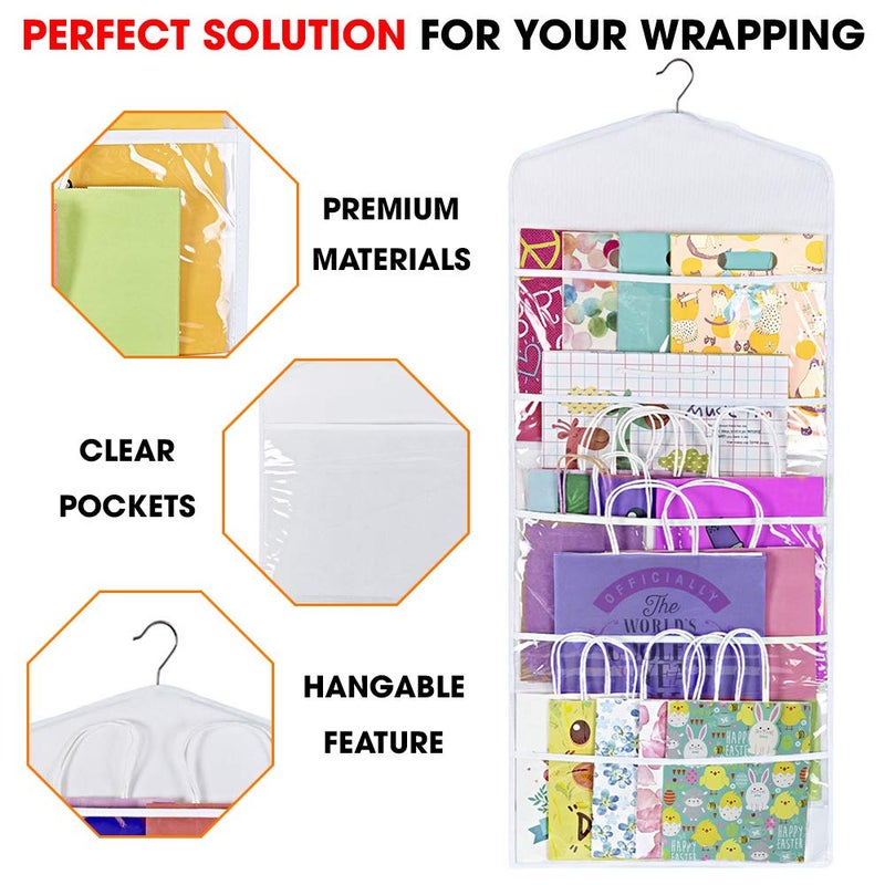 Primode Gift Bag and Tissue Paper Storage, Hanging Organizer with Multiple Front and Back Pockets Double Sided, Organize Gift Wrap and Paper Bags 38 x 16 Inch (White) - Image 3